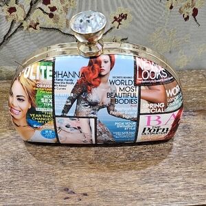 Vibrant Magazine Print Clutch with Gold Accents
